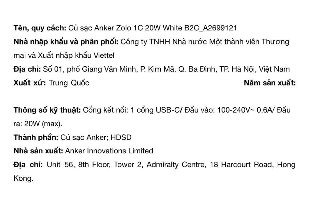 Sạc nhanh Type-C 20W Anker Zolo A2699 Màu Trắng