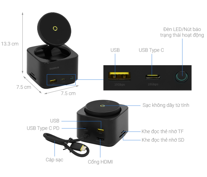 Đế sạc nhanh không dây 7 cổng USB Type-C HDMI Qi2 SD Micro SD 65W Baseus MagPro BS-OH122