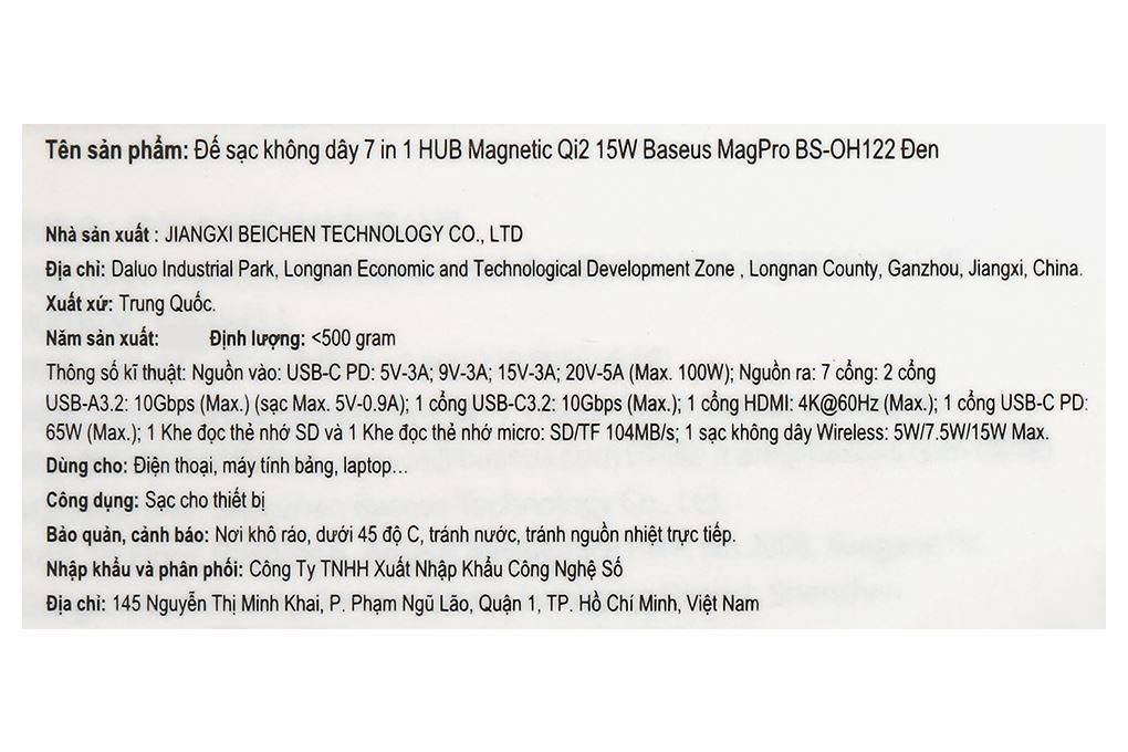 Đế sạc nhanh không dây 7 cổng USB Type-C HDMI Qi2 SD Micro SD 65W Baseus MagPro BS-OH122 Màu Đen