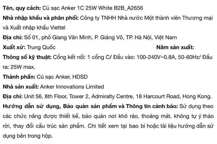 Sạc nhanh Type-C PD 25W Anker A2656 Màu Trắng