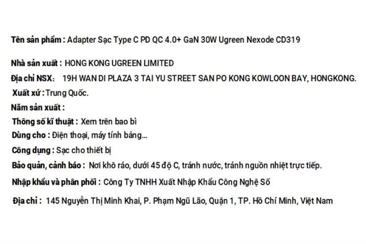 Sạc nhanh Type-C QC4.0+ PD 30W Ugreen Nexode CD319 Màu Trắng