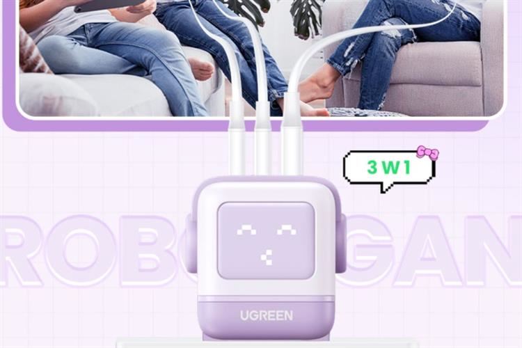 Sạc nhanh 3 cổng USB Type-C QC4.0+ PD 65W Ugreen Robot CD361 Màu Tím