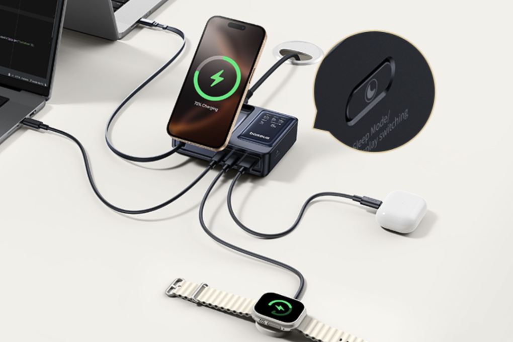 Bộ sạc nhanh 5 cổng USB Type-C Qi2 PD 140W Baseus Nomos CCNMS140 kèm Cáp Type C - Type C Màu Đen