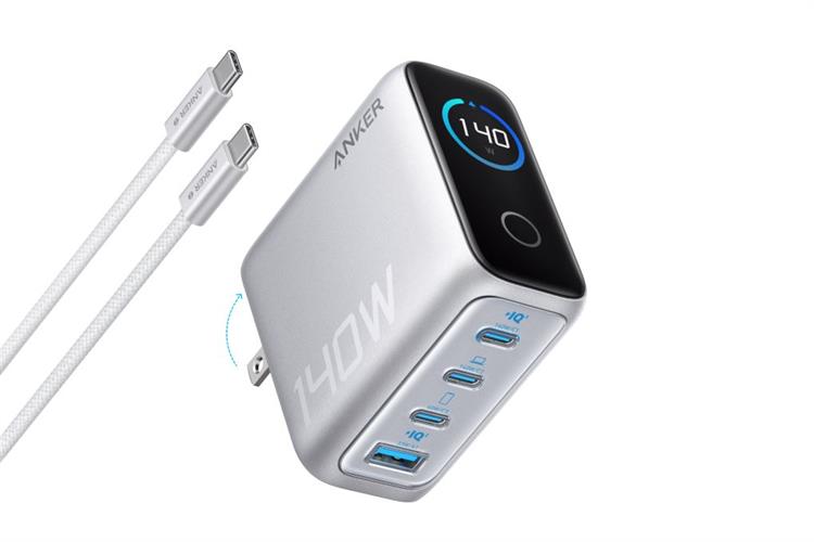 Bộ Adapter Sạc 4 cổng USB Type C IQ3 GaN 140W AI LED Display kèm Cáp Type C - Type C 1.5m Anker Zolo B2697 Màu Bạc