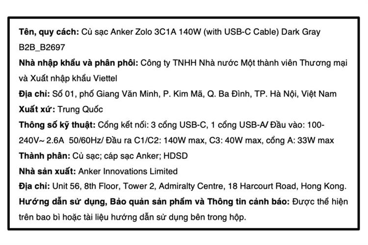 Bộ sạc nhanh 4 cổng USB Type-C 140W Anker Zolo B2697 kèm Cáp Type C - Type C Màu Đen