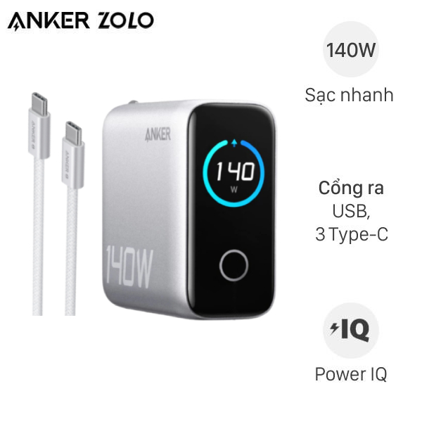 Bộ Adapter Sạc 4 cổng USB Type C IQ3 GaN 140W AI LED Display kèm Cáp Type C - Type C 1.5m Anker Zolo B2697