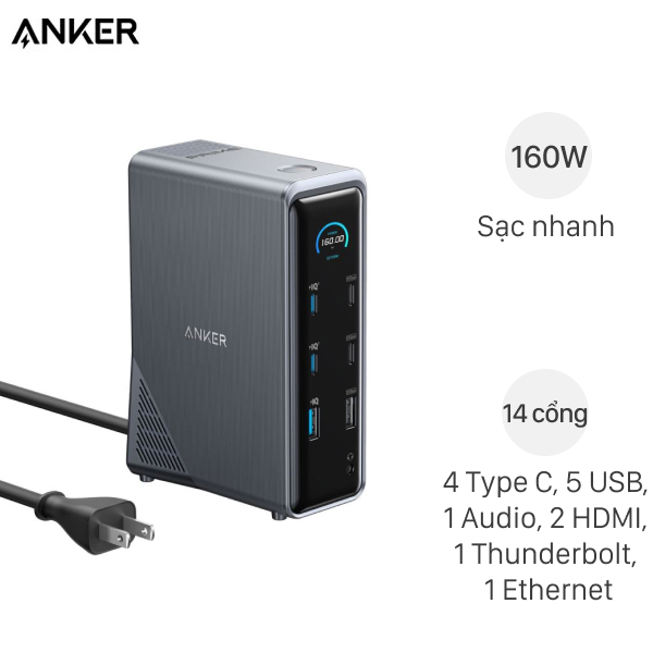 Bộ Adapter sạc chuyển đổi USB Type C 14-in-1 160W Dual Display kèm Cáp Type C - Type C 1m Anker A83B6