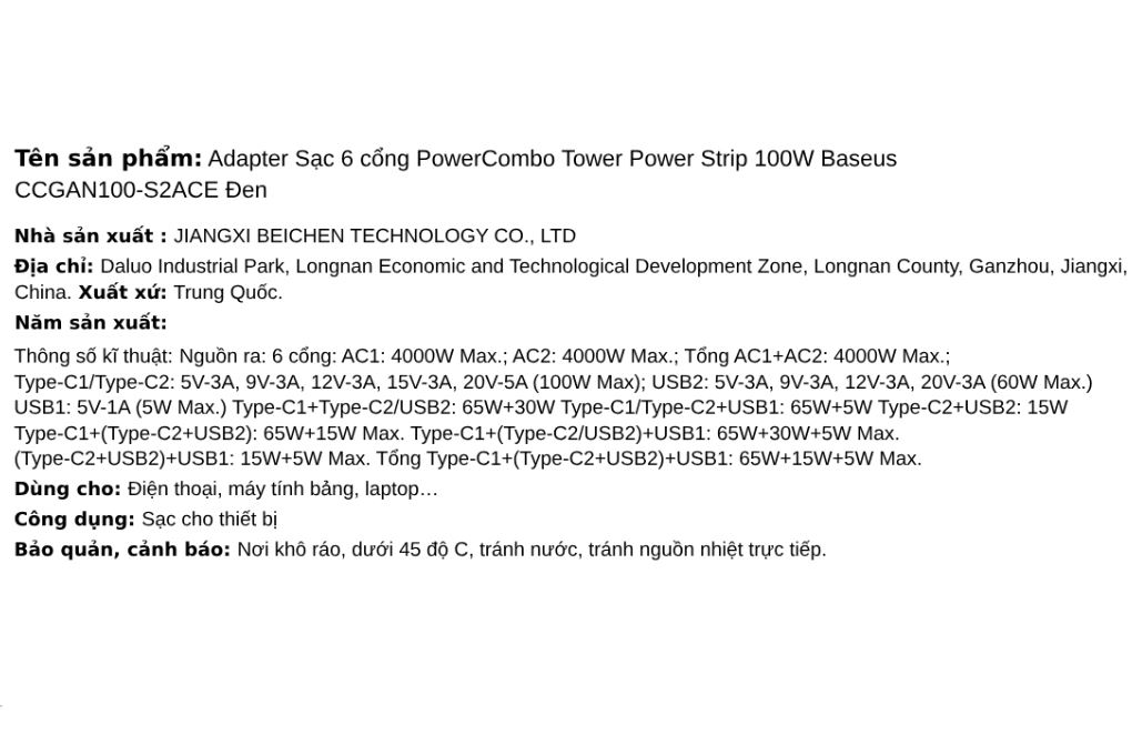Sạc nhanh 6 cổng USB Type-C AC 100W Baseus CCGAN100-S2ACE - 8