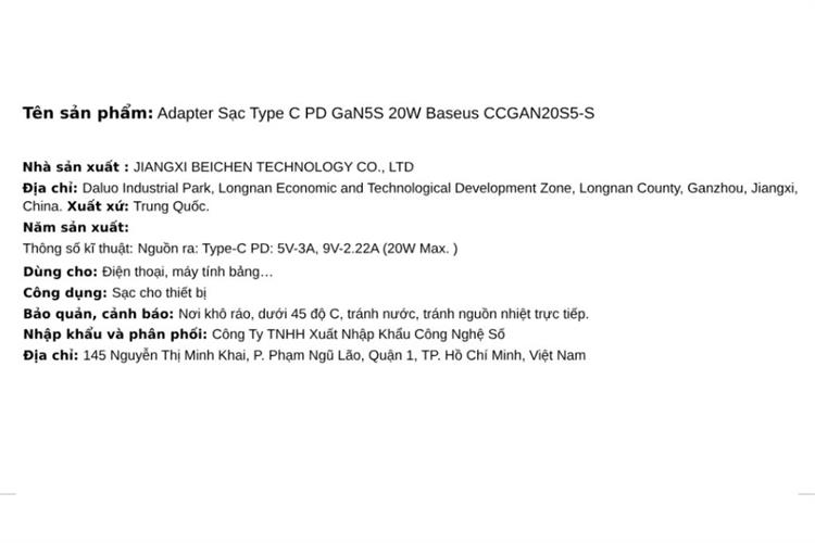 Sạc nhanh Type-C PD 20W Baseus CCGAN20S5-S Màu Đen