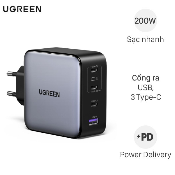 Adapter Sạc 4 cổng USB Type C PD QC 3.0 GaN 200W Ugreen X764 35539