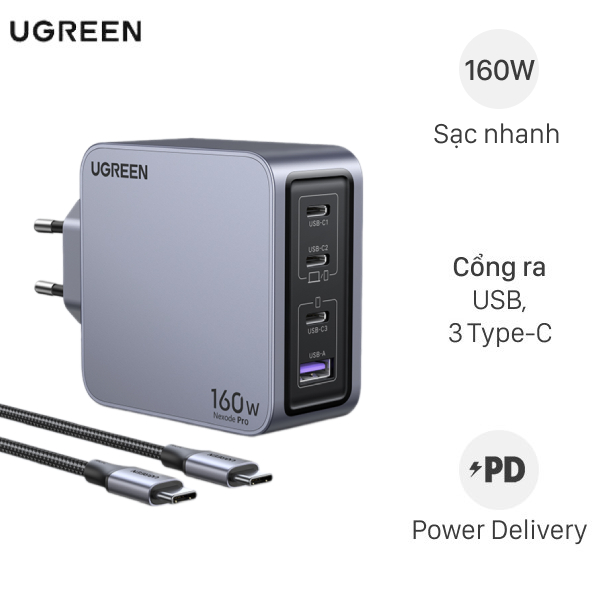 Bộ Adapter Sạc 4 cổng USB Type C PD 3.0 GaN 160W kèm Cáp Type C - Type C 1.5m Ugreen Nexode Pro X763 25877