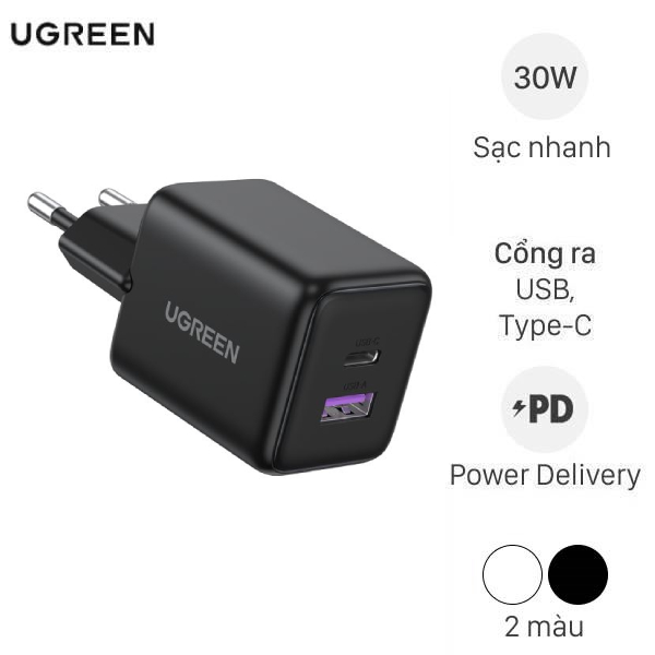 Adapter Sạc 2 cổng Type C PD 3.0 QC 3.0 GaN 30W Ugreen X516