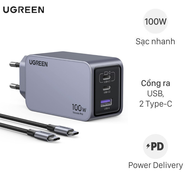 Bộ Adapter Sạc 3 cổng USB Type C PD 3.0 GaN 100W kèm Cáp Type C - Type C 1.5m Ugreen Nexode Pro X757 25874