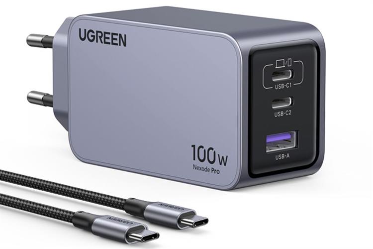 Bộ Adapter Sạc 3 cổng USB Type C PD 3.0 GaN 100W kèm Cáp Type C - Type C 1.5m Ugreen Nexode Pro X757 25874 Màu Xám
