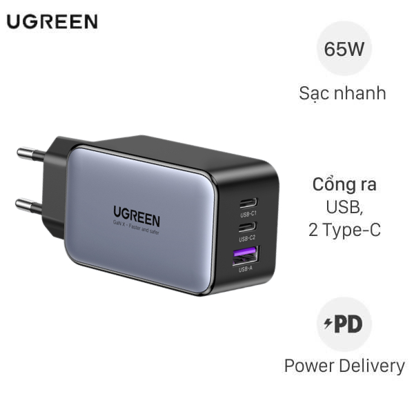 Adapter Sạc 3 cổng USB Type C PD 3.0 QC 3.0 GaN 65W Ugreen CD244 10335