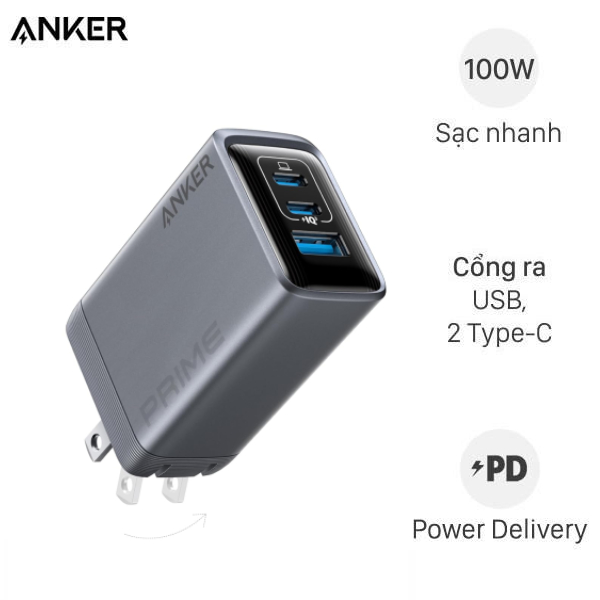 Adapter Sạc 3 cổng USB Type C IQ3 GaN 100W Anker Prime A2688