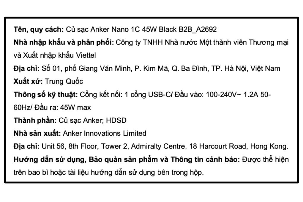 Sạc nhanh Type-C 45W Anker Nano A2692 Màu Đen