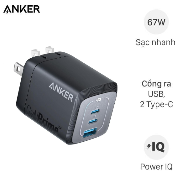 Adapter Sạc 3 cổng USB Type C IQ3 GaN 67W Anker Prime A2669