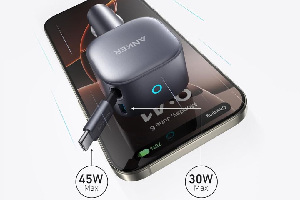 Sạc xe hơi Type C IQ3 75W Anker Nano A2738 kèm Cáp Dây rút Type C - Công suất sạc tối đa 75W