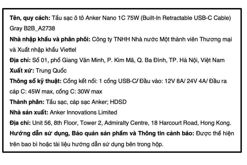 Sạc nhanh xe hơi Type-C 75W Anker Nano A2738 kèm Cáp Dây rút Type C Màu Xám