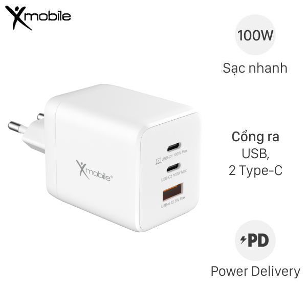 Adapter Sạc 3 cổng USB Type C PD QC 3.0 GaN 100W Xmobile DS260A