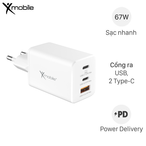 Adapter Sạc 3 cổng USB Type C PD QC 3.0 GaN 67W Xmobile DS255H