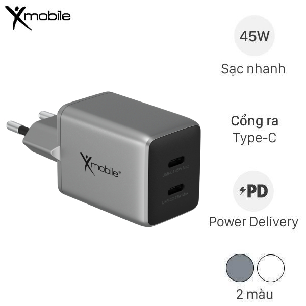 Adapter Sạc 2 cổng Type C PD QC 3.0 GaN 45W Xmobile DS052EA