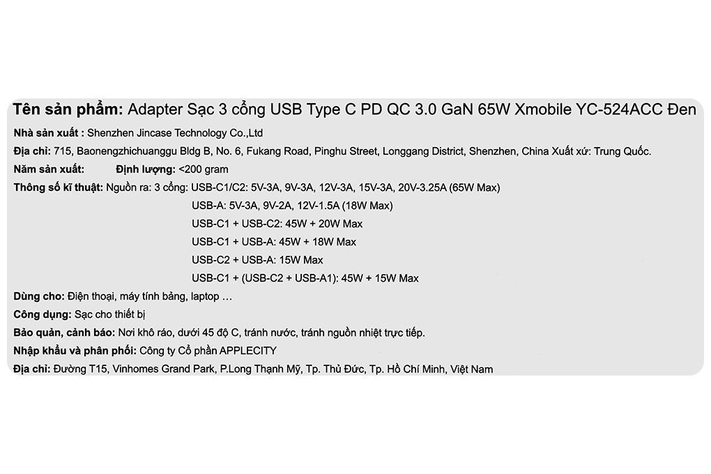 Sạc nhanh 3 cổng USB Type-C QC3.0 PD 65W Xmobile YC-524ACC - 10