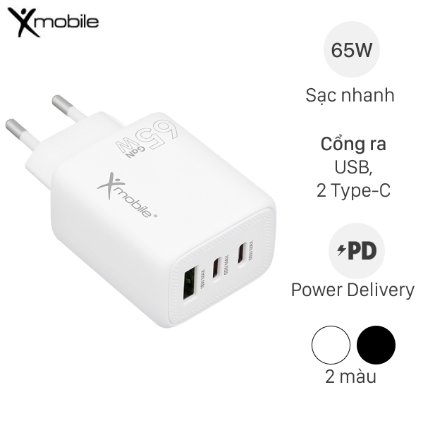 Adapter Sạc 3 cổng USB Type C PD QC 3.0 GaN 65W Xmobile YC-524ACC
