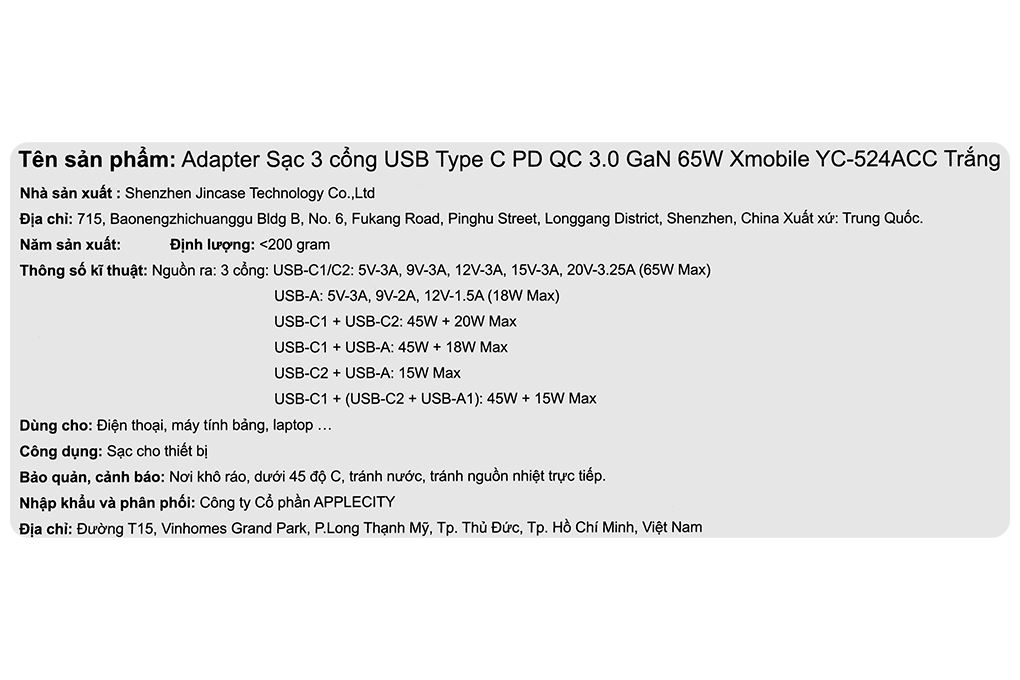 Sạc nhanh 3 cổng USB Type-C QC3.0 PD 65W Xmobile YC-524ACC - 10