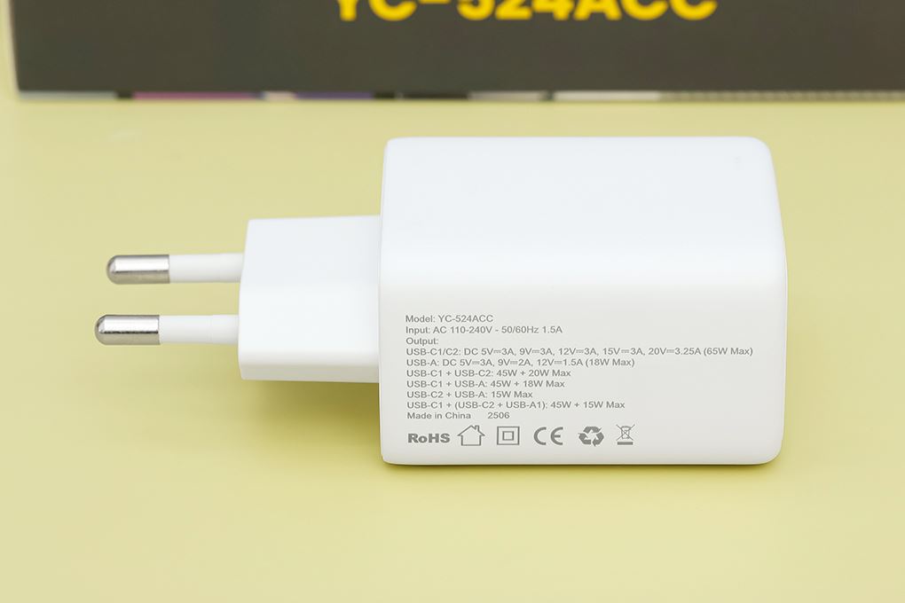 Adapter Sạc 3 cổng USB Type C PD QC 3.0 GaN 65W Xmobile YC-524ACC - Công suất sạc nhanh lên đến 65W