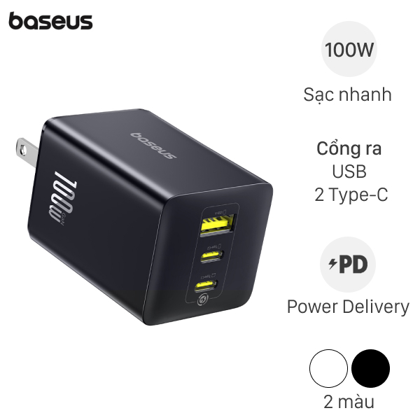 Adapter Sạc 3 Cổng Usb Type C Pd Qc 3.0 Gan6 100W Baseus Enerfill Fe11 Ccxfk100Cs