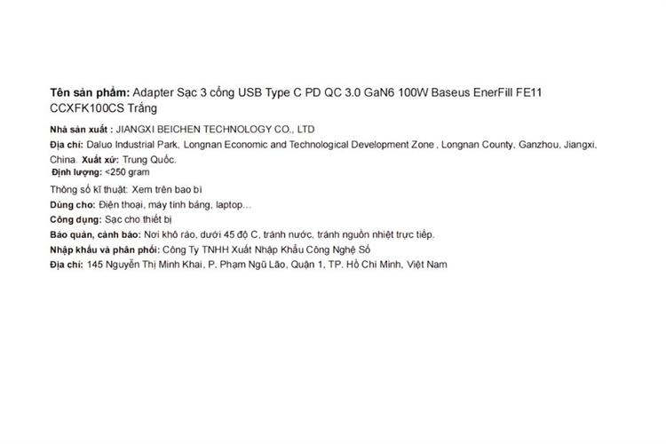 Sạc nhanh 3 cổng USB Type-C QC3.0 PD 100W Baseus EnerFill FE11 CCXFK100CS Màu Trắng