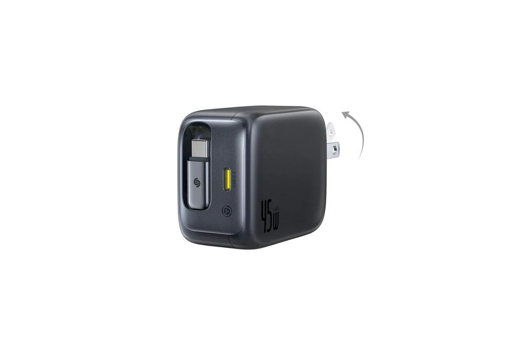Sạc nhanh 2 cổng Type-C PD 45W Baseus EnerCore CJ11 E0120C kèm cáp dây rút Type C Màu Đen