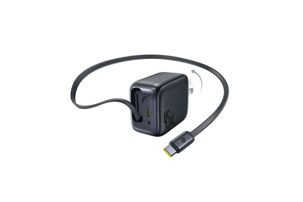 Sạc nhanh 2 cổng Type-C PD 45W Baseus EnerCore CJ11 E0120C kèm cáp dây rút Type C Màu Đen