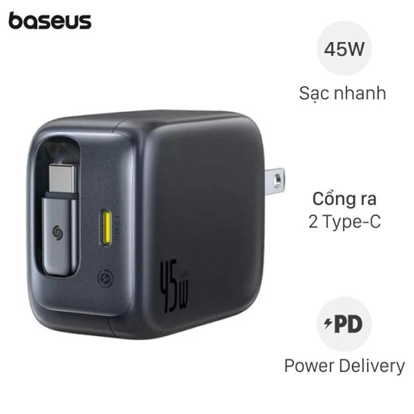 Adapter Sạc 2 cổng Type C PD GaN6 45W kèm cáp dây rút Type C Baseus EnerCore CJ11 E0120C