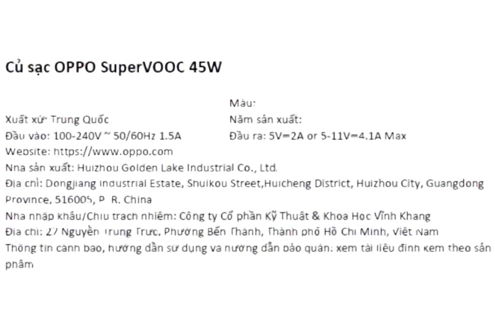 Sạc nhanh USB 45W OPPO VCB4JAUH Màu Trắng