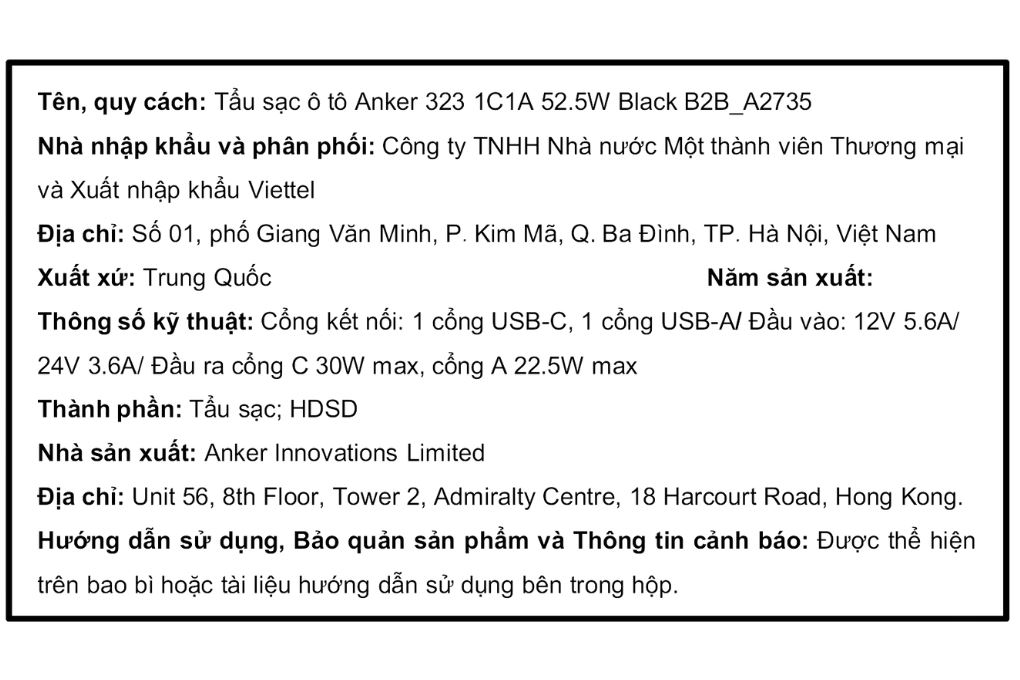 Sạc nhanh xe hơi 2 cổng USB Type-C 52.5W Anker A2735 Màu Đen