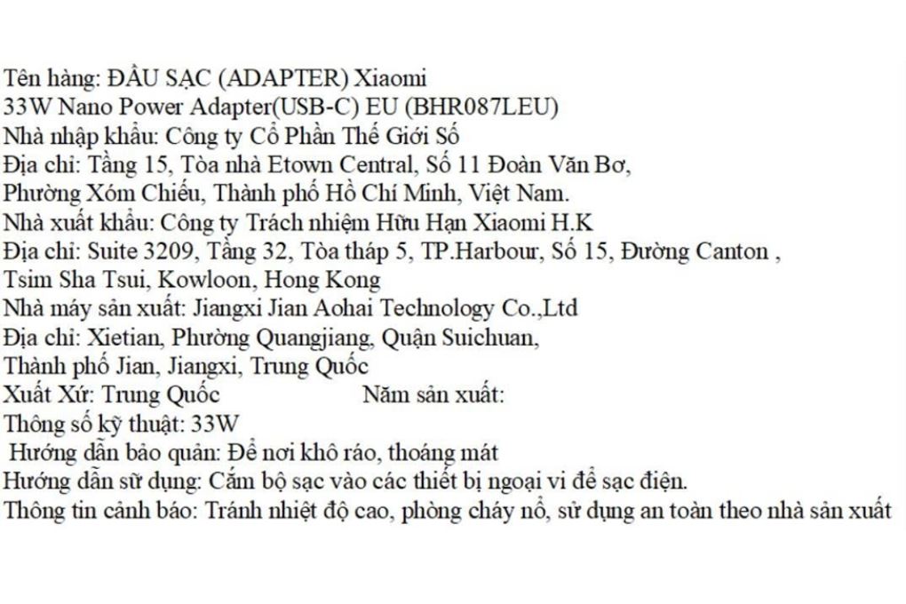 Sạc nhanh Type-C PD 33W Xiaomi Nano Power Màu Trắng