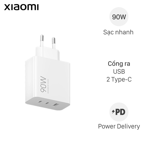 Adapter Sạc 3 cổng USB Type C PD GaN 90W Xiaomi HyperCharge