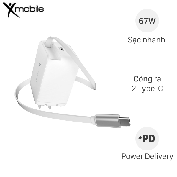 Sạc 2 cổng kèm cáp dây rút Type C Xmobile DS810C