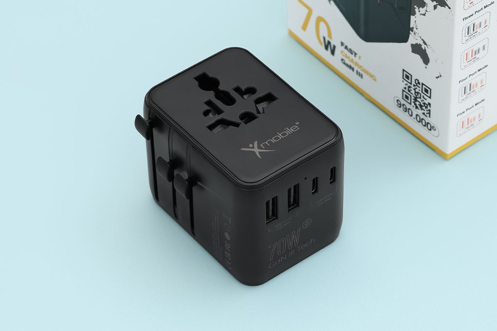 Sạc nhanh 5 cổng USB Type-C PD GaN3 70W Xmobile 1006SDVR Màu Đen