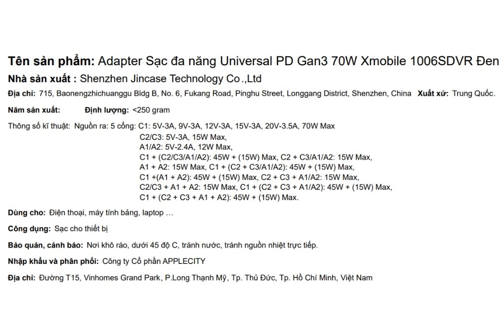 Sạc nhanh 5 cổng USB Type-C PD GaN3 70W Xmobile 1006SDVR Màu Đen