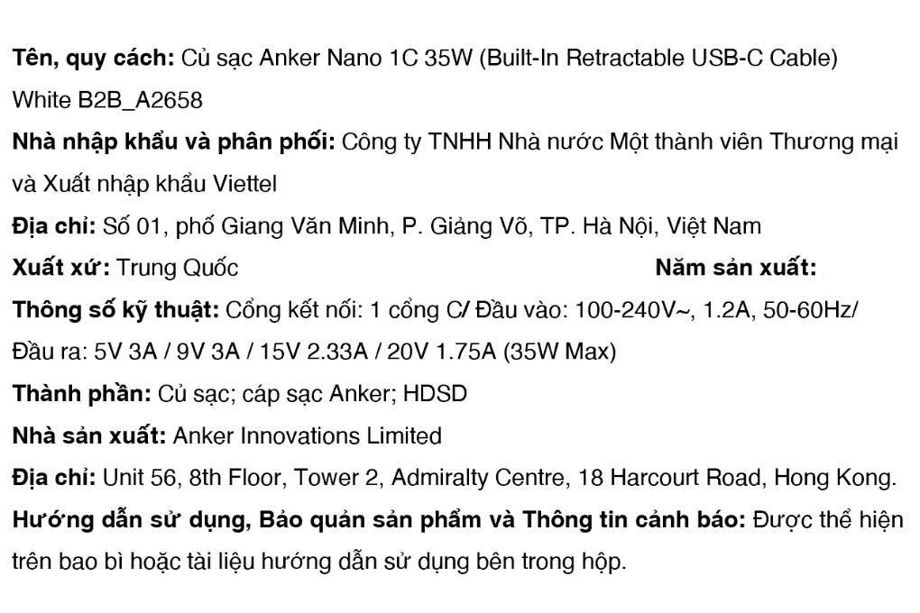 Sạc nhanh Type-C QC PD 35W Anker Nano A2658 kèm cáp dây rút Type C Màu Trắng