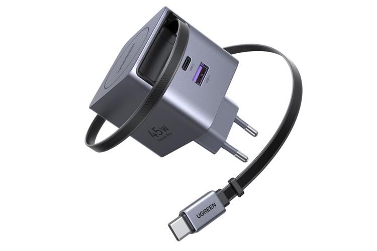 Adapter Sạc 3 cổng Type C PD QC3.0 GaN 45W kèm cáp dây rút Type C 70cm Ugreen Nexode Pro X614 65822