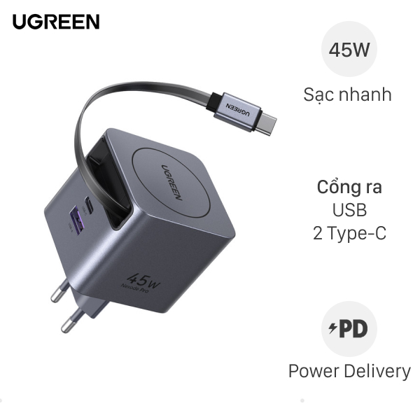Sạc nhanh 3 cổng Ugreen Nexode Pro X614 kèm cáp dây rút Type C