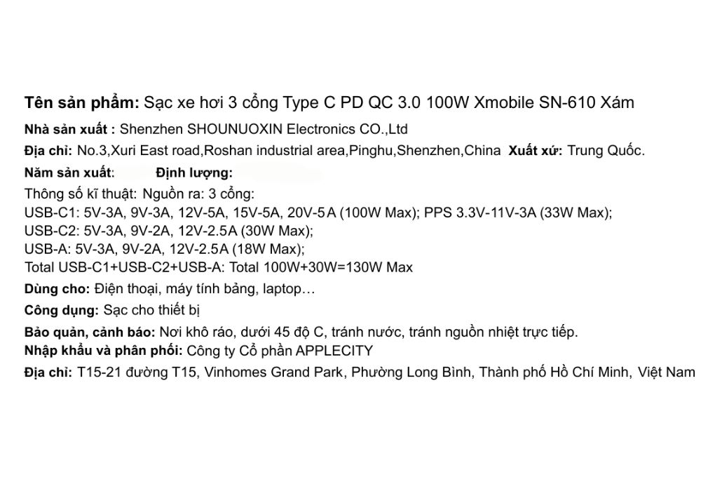 Sạc xe hơi 3 cổng Type C PD QC 3.0 100W Xmobile SN-610 Màu Xám đậm