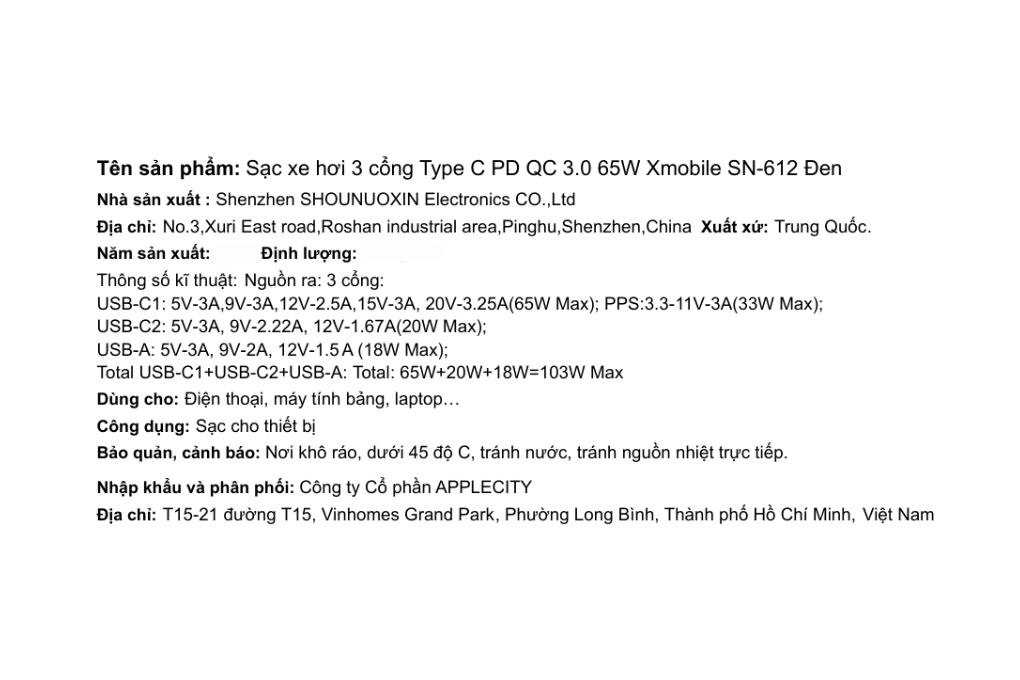 Sạc xe hơi 3 cổng Type C PD QC 3.0 65W Xmobile SN-612 Màu Đen