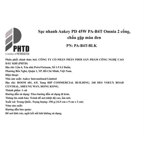 Sạc nhanh 2 cổng Type-C PD 45W Aukey PA-B4T Omnia - Đen Màu Đen