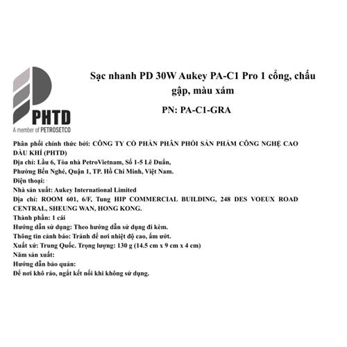 Sạc nhanh Type-C PD 30W Aukey PA-C1 Pro Màu Xám